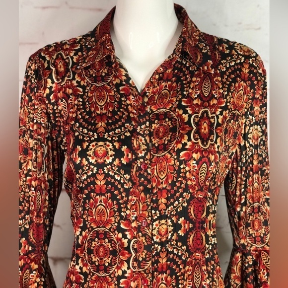 ESSENTIALS By MILANO Pleated S 3/4 Bell Sleeve Rust Cream Black Print Blouse - Picture 11 of 13